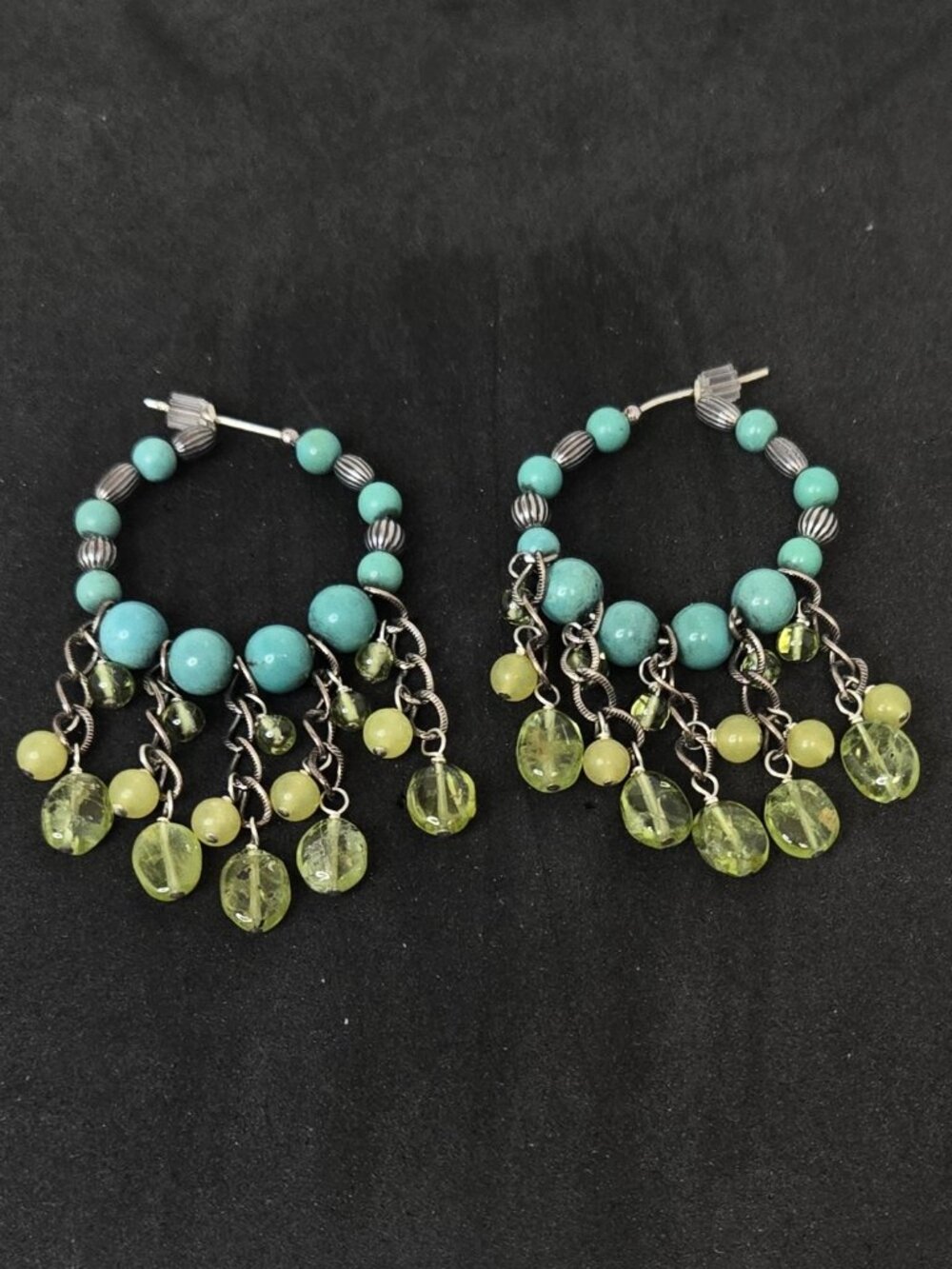Silver Pierced Hoop Dangle Earrings Turquoise & Peridot Beads